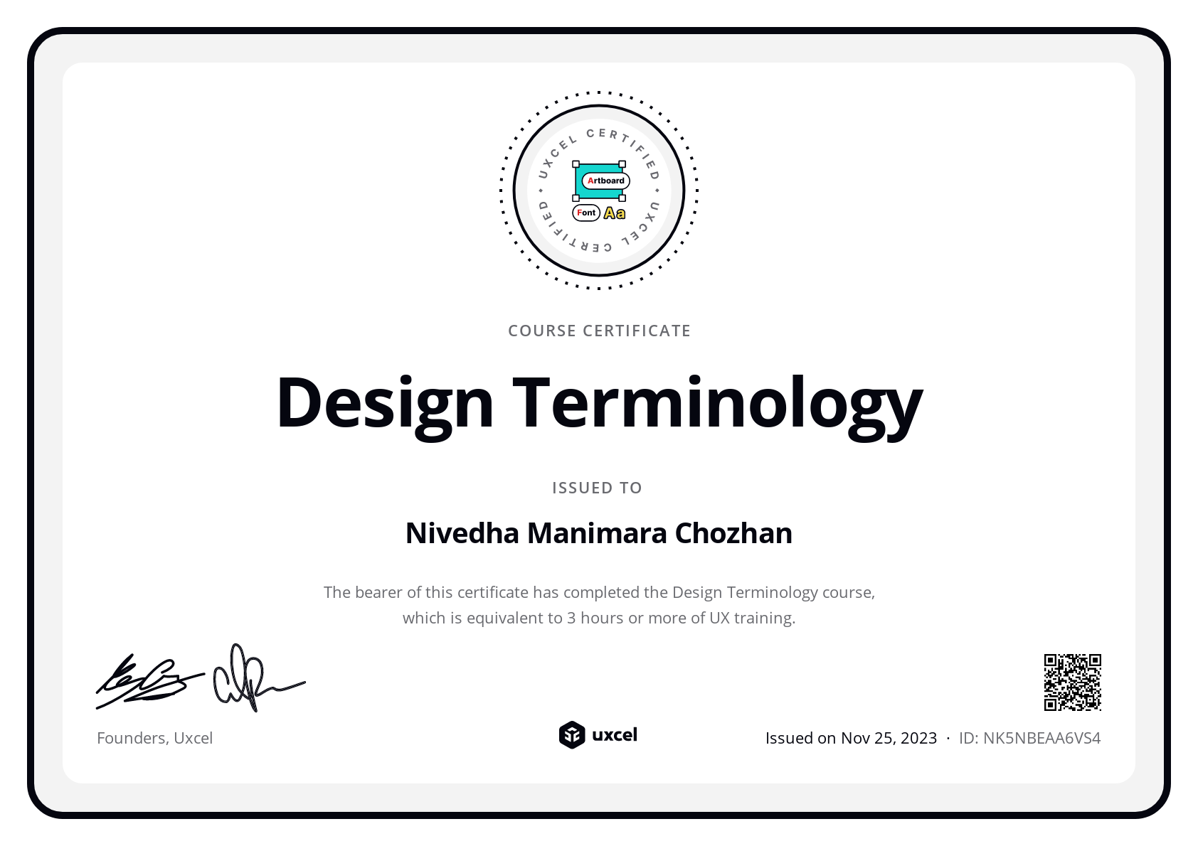 Nivedha Manimara Chozhan's certificate